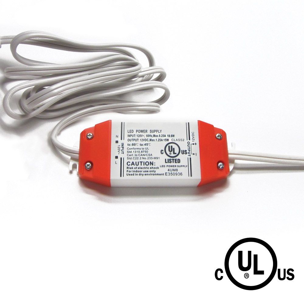 15W - 12V PLUG STYLE POWER SUPPLY - 1.8M (6’). INDOOR RATED - 120V AC INPUT - 12V DC OUTPUT - CLASS 2
