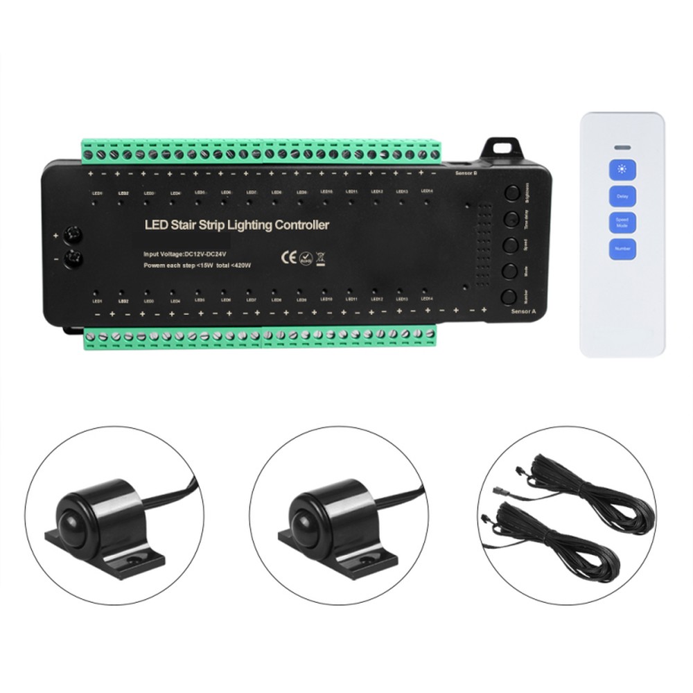 CONTROLLER PRO POUR ÉCLAIRAGE D'ESCALIER 12-24V DC - 28 MARCHES (15W PAR MARCHE) JUSQU'À 420W - MODES AJUSTABLES