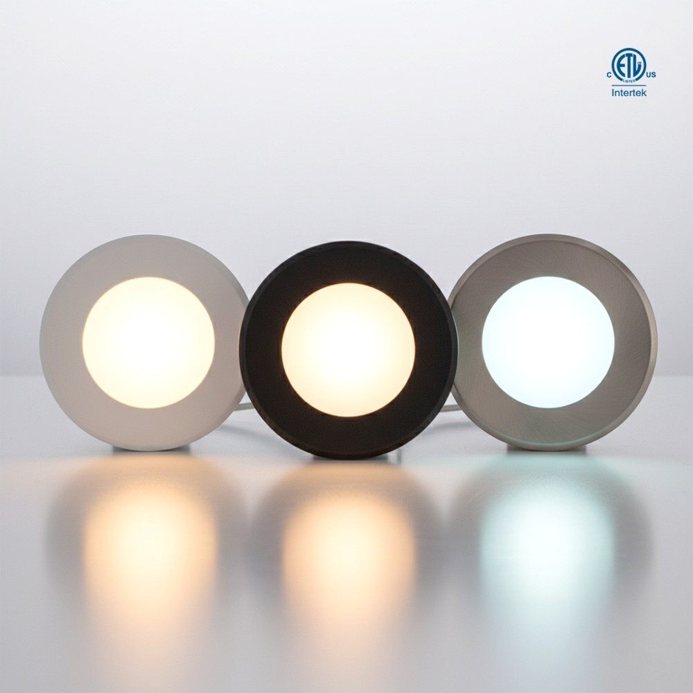 LED PUCK LIGHT 1.5W - 120LUMENS - CRI 90+ - 12V DC - DIMMABLE - BLACK TRIM. FOR INDOOR USE ONLY. 3CCT-SELECTABLE.