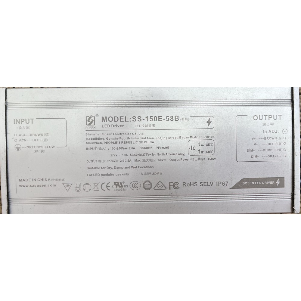 LED Driver Sosen 100-277VAC 32-58VDC 150W 3.60A Dimmable 1-10VDC IP67