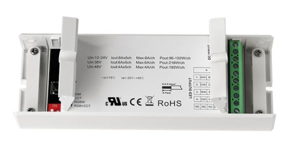INDOOR RECEIVER FOR REMOTES RGB, RGBW, CCT & SC WITH MULTI-ZONE, INCLUDING WIFI, TUYA APP CONTROLLED, ALEXA & GOOGLE HOME CAPABLE, 5 CHANNELS AT 8A PER CHANNEL.