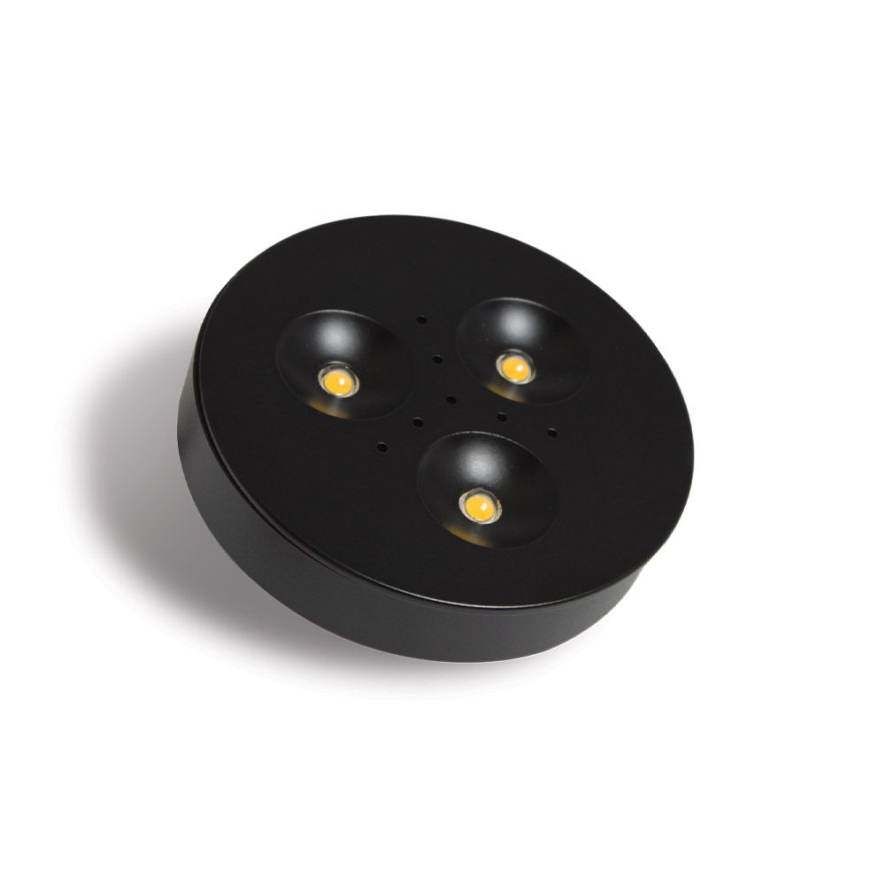 RD15 SURFACE MOUNT OR RECESSED POWER LED PUCK LIGHT, 12V, 3W, BLACK, WARM WHITE 3000K