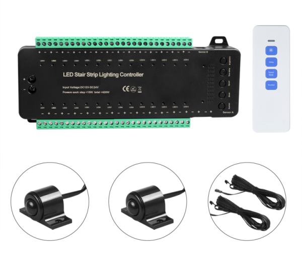 12-24V DC STEPLIGHT PRO CONTROLLER - 28 STEPS (15W PER STAIR) UP TO 420W TOTAL LOAD - ADJUSTABLE MODES - INCLUDES RF REM