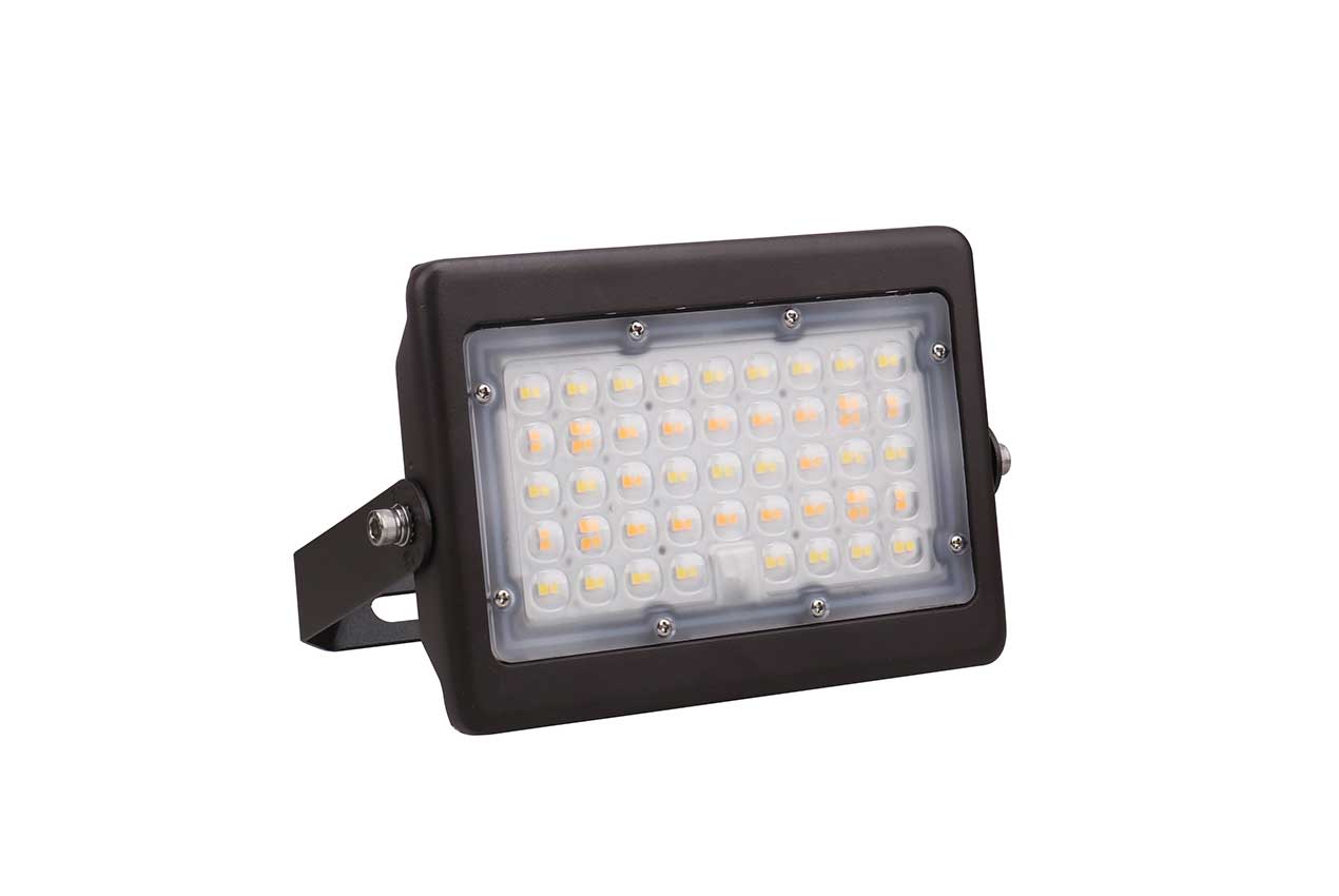 FLM02 Mini Flood Light, Flood/Area Lights, 20W/30W/50W, 3000K/4000K/5000K, 120-347V, Bronze, DLC S-Y1BN2H, 10 Year Warranty