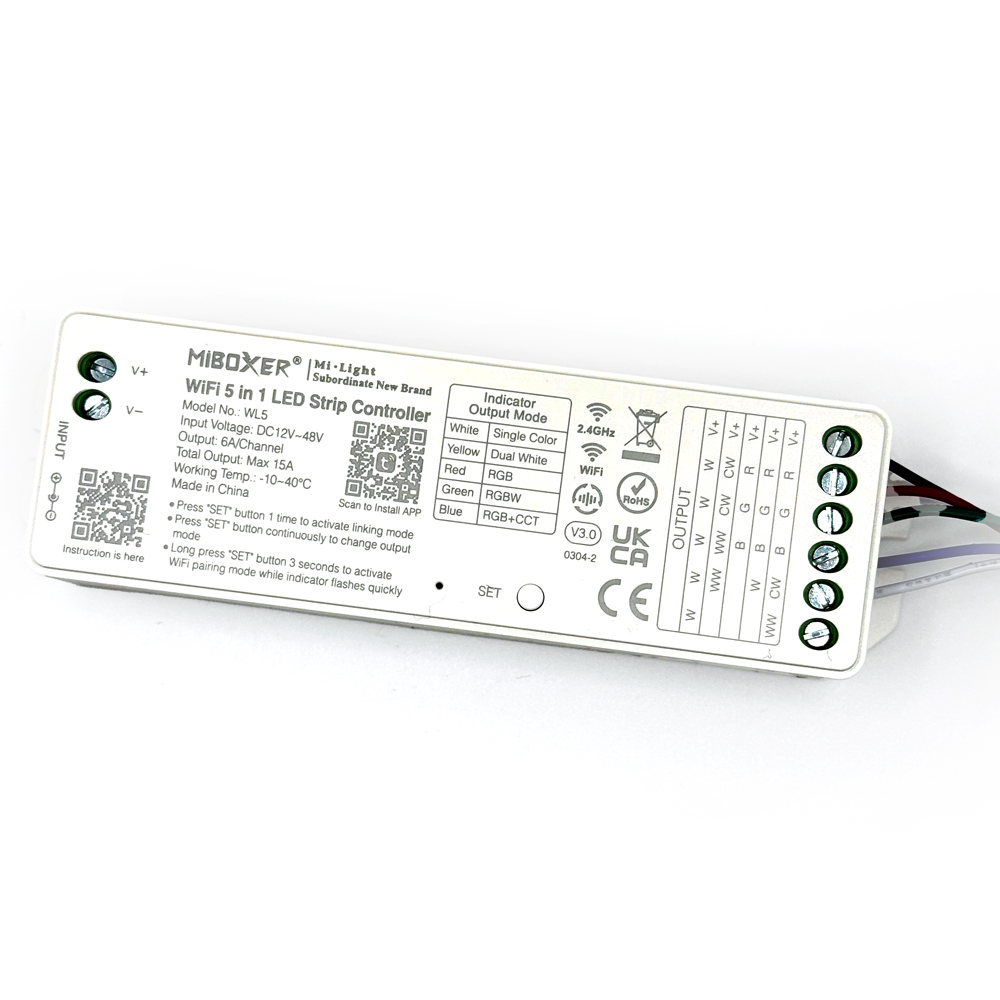 WIFI AND RF2.4GHZ SINGLE COLOR 3CCT  RGB|RGBW|RGBCW 5 IN 1 CONTROLLER LOW VOLTAGE 6A/ CHANNEL TOTAL OUTPUT 15A RF2.4GHZ