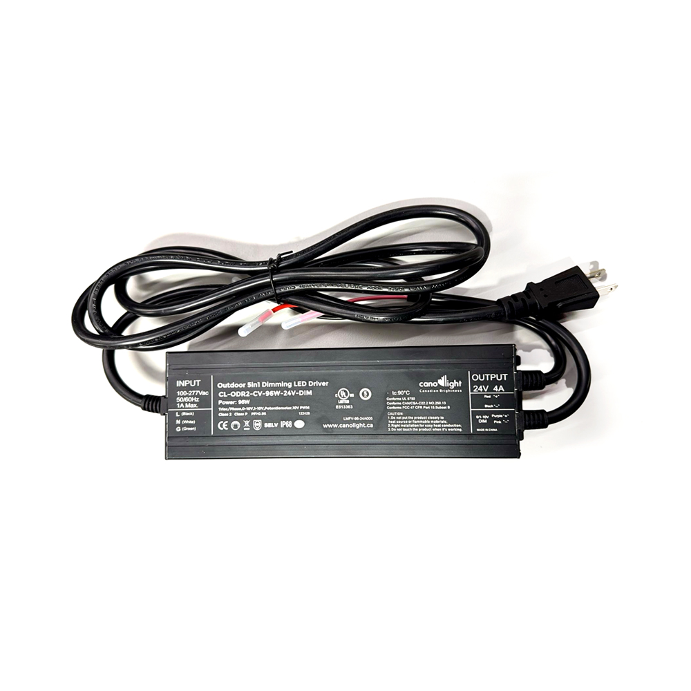OUTDOOR 96W, 5 IN 1 DIMMABLE CONSTANT VOLTAGE LED DRIVER, IP68, INPUT 100-277V AC, OUTPUT 24 V DC, PF>0.95, CLASS2, TRIAC/0-10V/1-10V/POTENTIOMETER/10V PWM DIM