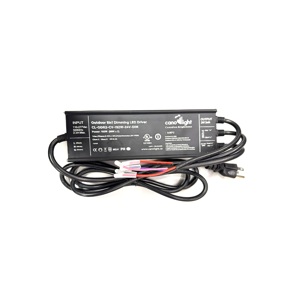 OUTDOOR 192W (96W*2CH), 5 IN 1 DIMMABLE CONSTANT VOLTAGE LED DRIVER, IP68, INPUT 110-277V AC, OUTPUT 24 V DC, PF>0.95, CLASS2, TRIAC/0-10V/1-10V/POTENTIOMETER/10V PWM DIM