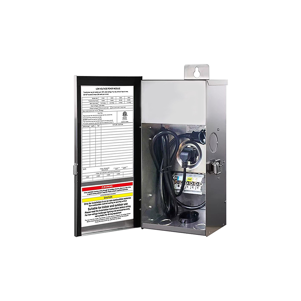 LED OUTDOOR LIGHT TRANSFORMER,120V AC 60HZ INPUT,12V OR 14V AC OUTPUT,300W,IRON HOUSING,HIGH TEMPERATURE ALUMINUM CORE, BUILT-IN PHOTOCELL AND TIMER,222*156*103MM