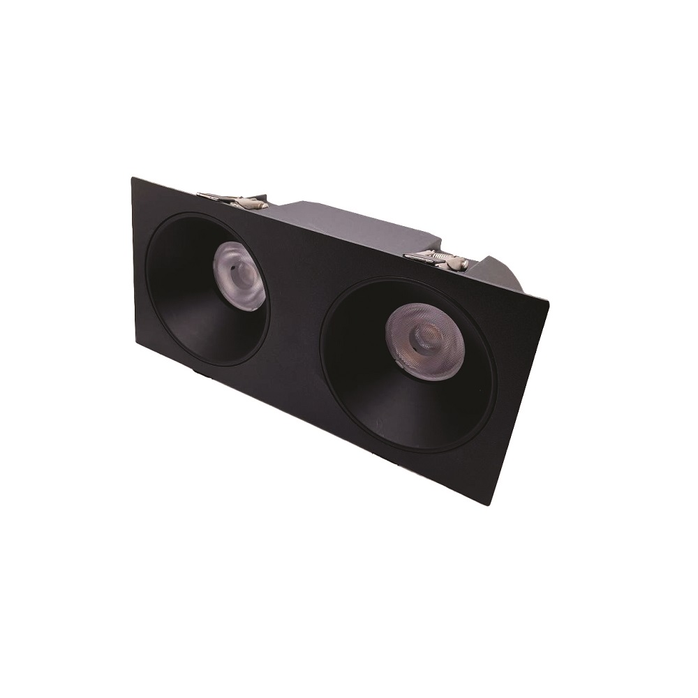 ANTI-GLARE RECESSED TWO HEADS DOWNLIGHT 120VAC 30W 2100LM BEAM ANGLE 36° 3000K CRI>90 PF>0.9 DAMP LOCATION BLACK BODY BLACK REFLECTOR